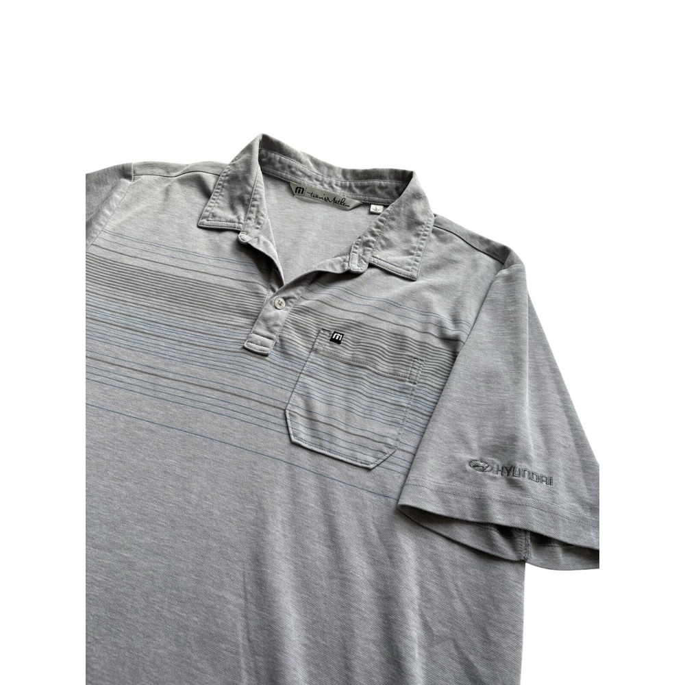 Travis Mathew Mens Grey Striped Pique Polo Shirt Hyundai Sleeve Logo Large‎